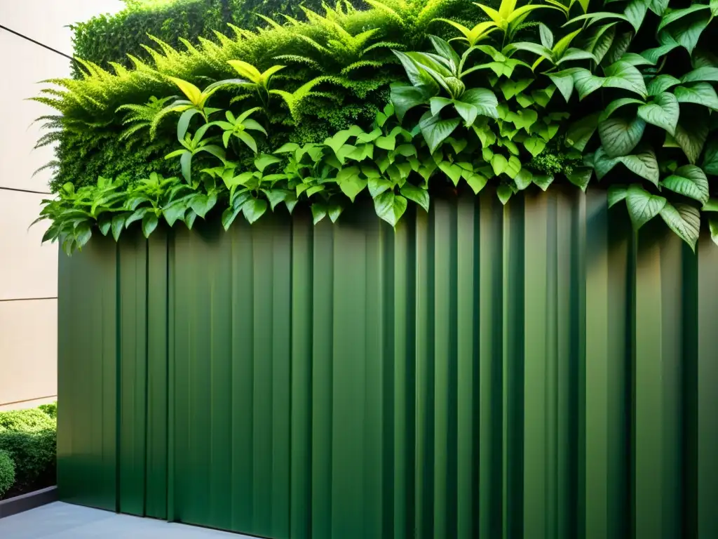 Integración de la naturaleza en arquitectura: Muro verde con plantas vibrantes y luz filtrada, armonía entre naturaleza y construcción