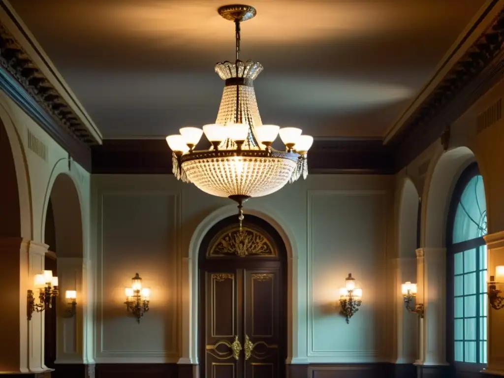 Diseño de iluminación inteligente histórica: Interior vintage con candelabros y apliques ornamentados, creando una atmósfera cálida y elegante