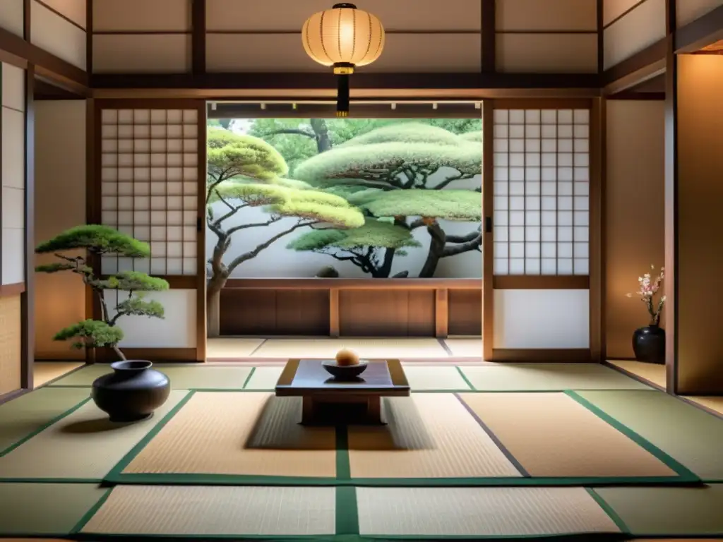 Intenso significado espiritual en la arquitectura tradicional japonesa: interior de templo con detalles vintage y serenidad