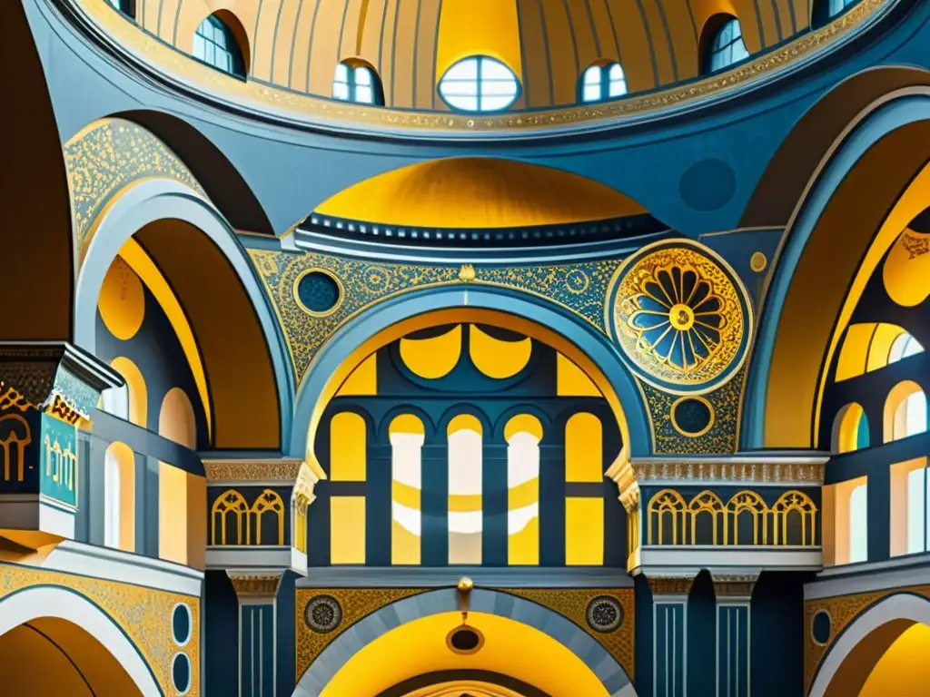 Interacción imagen arquitectura Bizancio: Ilustración vintage de la Hagia Sophia, resaltando su arquitectura y diseño interior bizantino