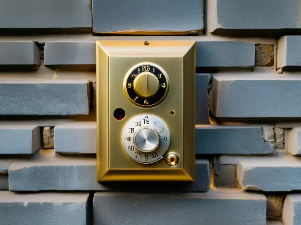 Un intercomunicador vintage en una pared de piedra histórica, iluminado por la cálida luz de la tarde