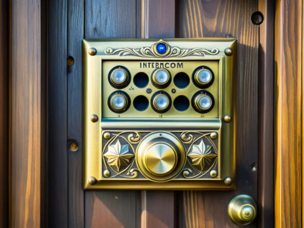 Intercomunicador vintage de latón en puerta de edificio histórico, fusionando tradición y arquitectura