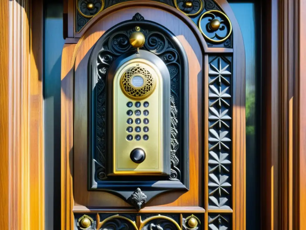 Intercomunicadores inteligentes en arquitectura histórica: interfono vintage en puerta ornamentada con detalles de latón y receptor negro pulido