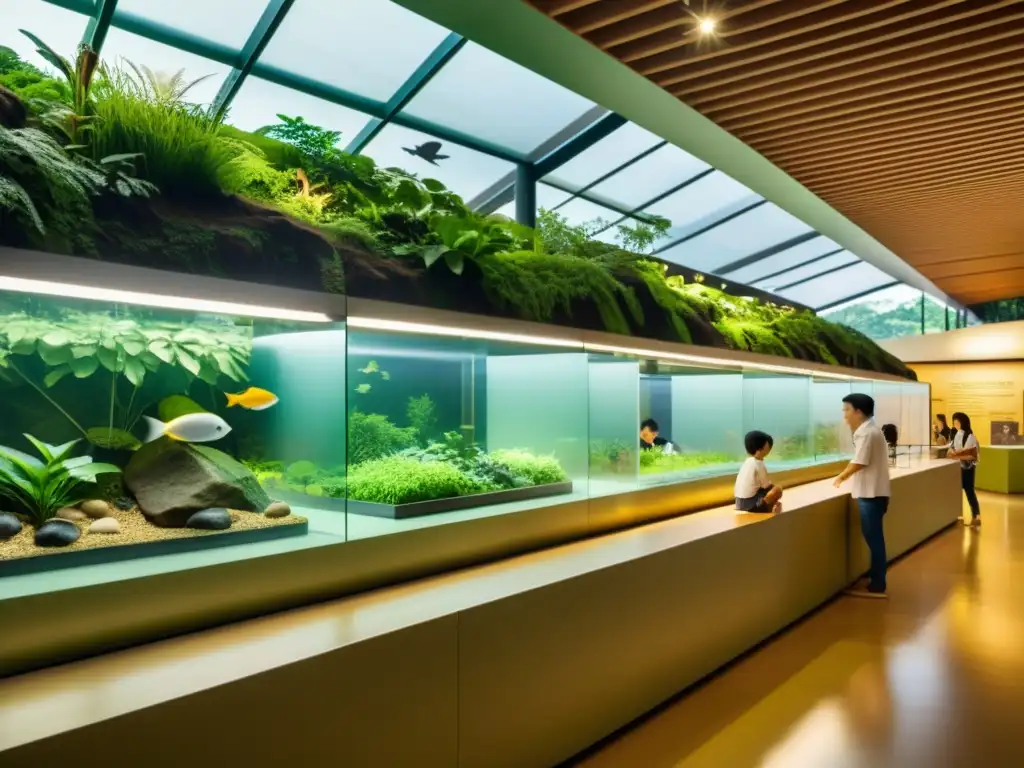 Interior del Centro Educación Ambiental Singapur con exposiciones interactivas, diseño sostenible y ambiente nostálgico