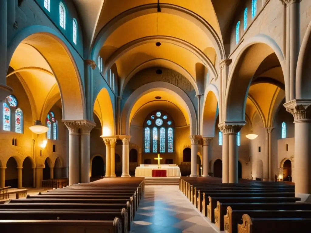 Interior de iglesia románica con arcos redondeados, columnas decoradas y nave iluminada por luz dorada a través de vitrales