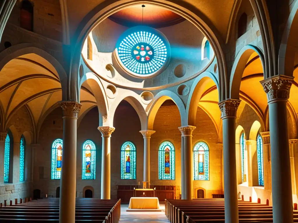 Interior de iglesia románica: arcos redondos, columnas robustas y detalles tallados en piedra