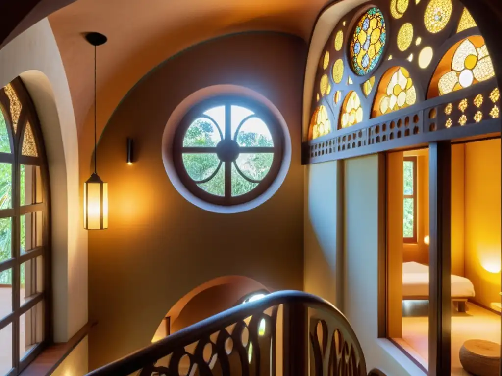 Interior de Casa El Capricho de Gaudí con eficiencia energética en casas pasivas, destacando la arquitectura y la iluminación ambiental cálida