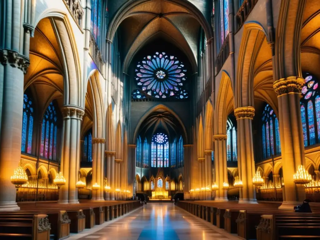 Interior de la Catedral de Notre Dame en París, Francia, resplandeciendo en luz solar, mostrando la grandiosidad de las catedrales góticas en Europa