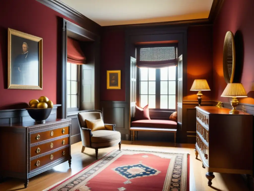 Interior colonial revivido con detalles de madera, muebles vintage y textiles tradicionales, bañado en cálida luz natural y tonos terrosos