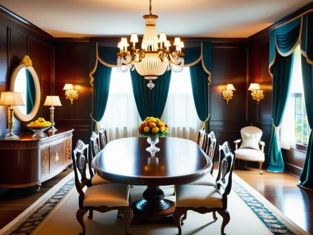 Interior colonial revivido con elementos clave: mesa de comedor de madera ornamentada, sillas altas a juego, candelabro vintage y detalles elegantes