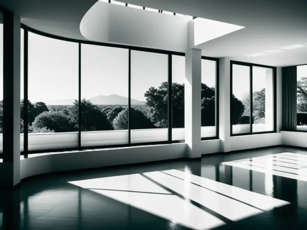 Interior de la icónica Villa Savoye, ejemplo del Estilo Internacional en la decoración con líneas limpias y luminosidad atemporal