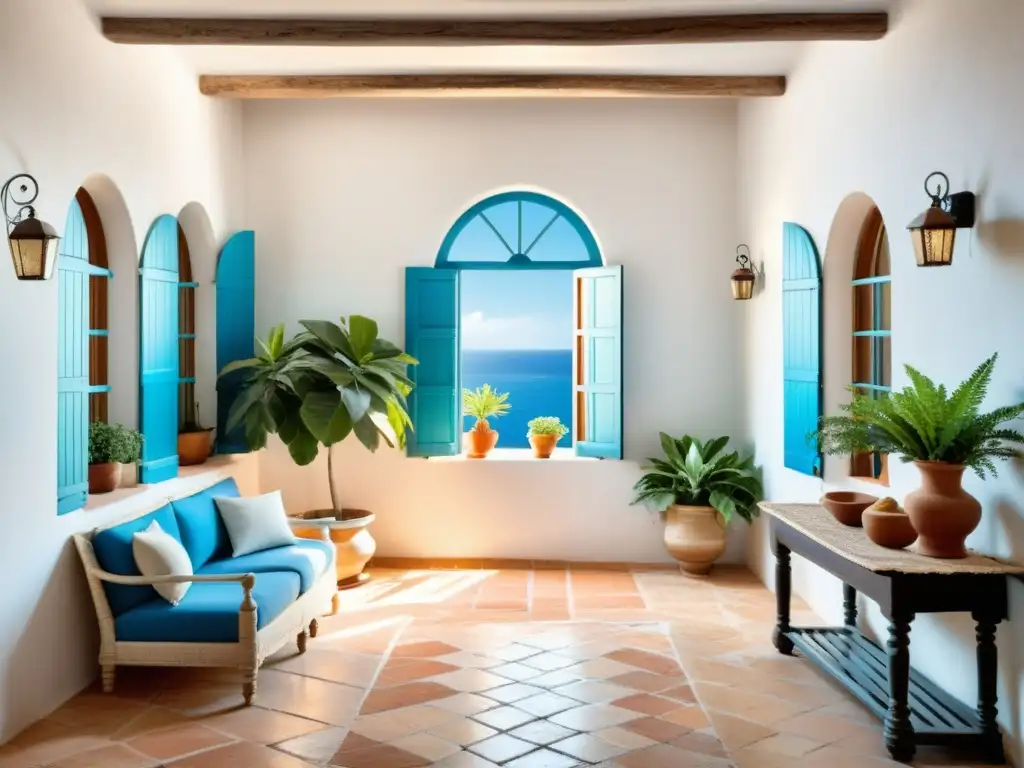 Interior de villa mediterránea con estilo vintage, paredes encaladas, suelos de terracota, detalles de hierro forjado y toques de azul vibrante