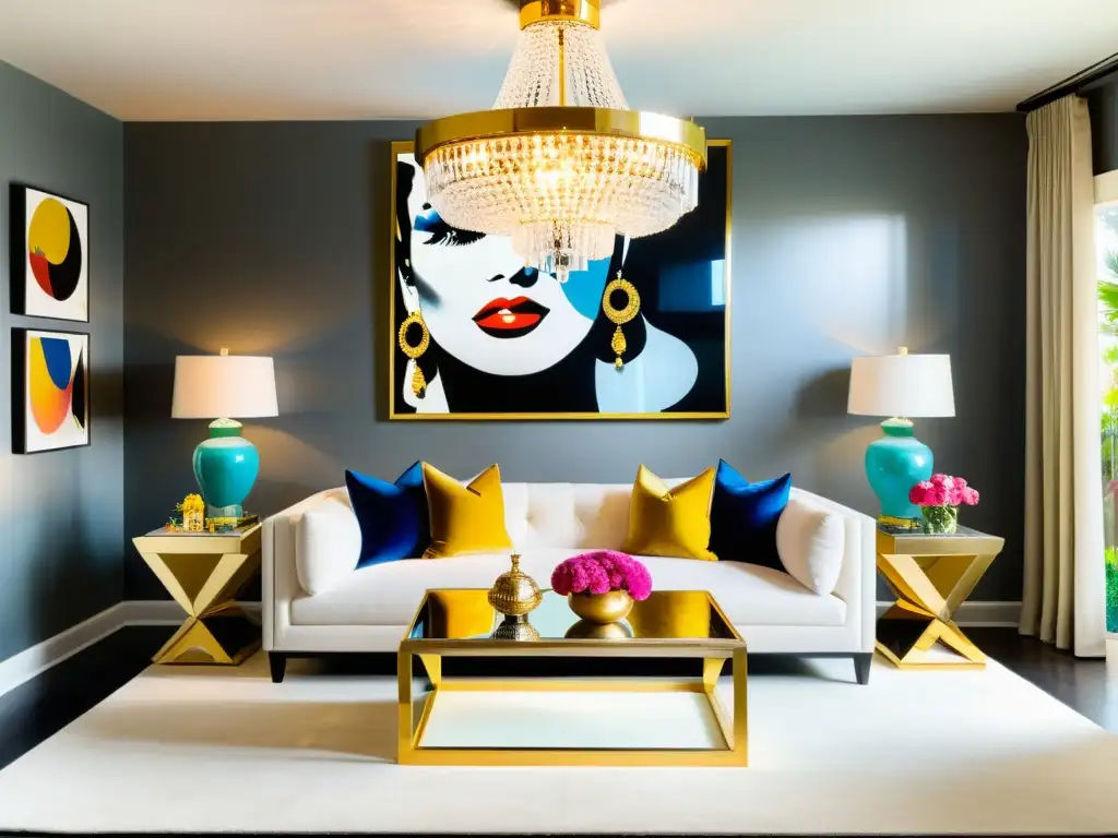 Un interior glamuroso al estilo Hollywood Regency con chandelier, sofá blanco y cuadro pop art, bañado por la luz del sol