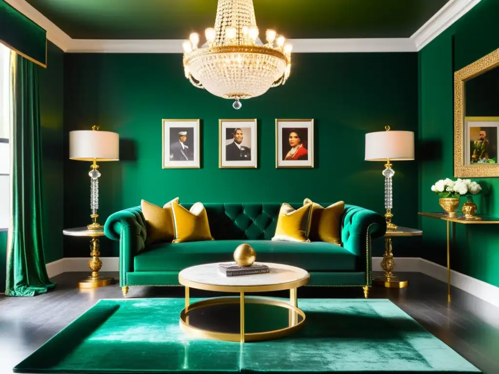 Interior glamuroso al estilo Hollywood Regency con sofá de terciopelo verde esmeralda, detalles dorados y ambiente de opulencia vintage