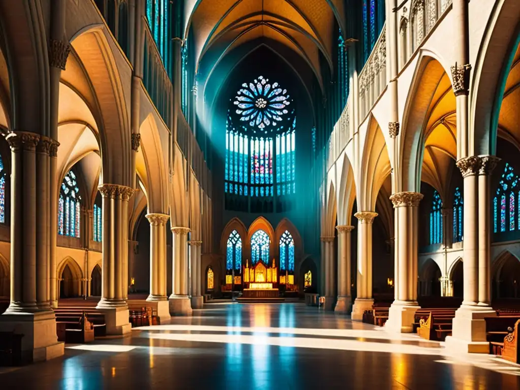 Interior gótico de catedral con impresionante arquitectura, vitrales y luz solar, evocando la música en la arquitectura gótica