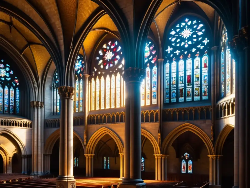 Interior impresionante de catedral medieval con detalles arquitectónicos románicos y góticos, vitrales y juegos de luz