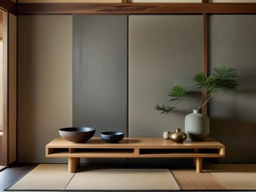 Interior japonés minimalista con elementos envejecidos y aplicación del wabisabi en interiores contemporáneos