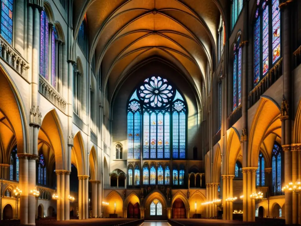 Interior majestuoso de la Catedral de Notre Dame en París, con sus arcos góticos y vitrales, bañados en luz solar