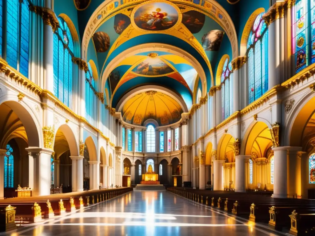 Interior majestuoso de catedral europea con detalles barrocos, columnas de mármol y frescos