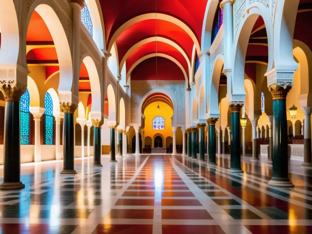 Interior de La Mezquita de Córdoba, con arcos rojos y blancos y detalles de arquitectura islámica España medieval