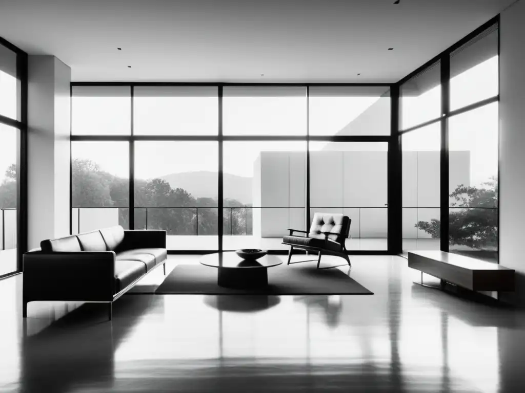 Un interior minimalista en blanco y negro, con líneas limpias, mobiliario elegante y luz natural