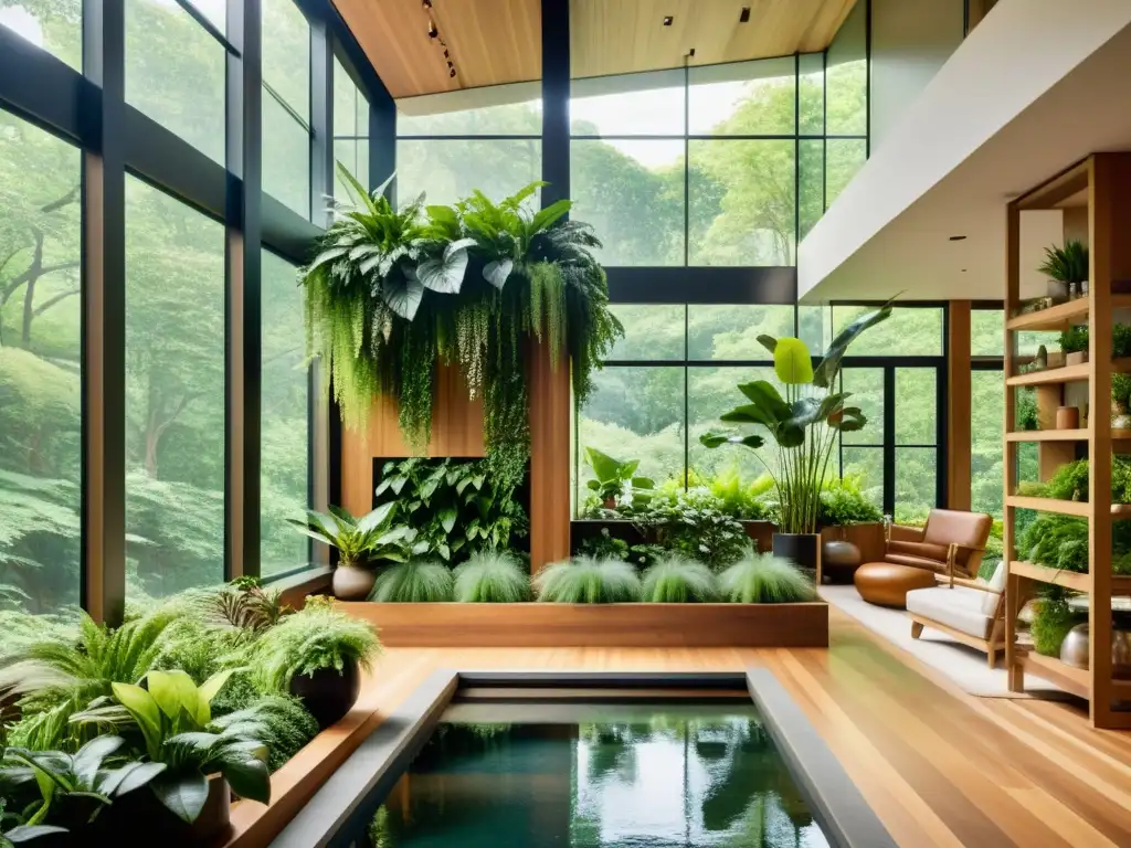 Interior moderno con diseño biofílico, integrando naturaleza en la arquitectura