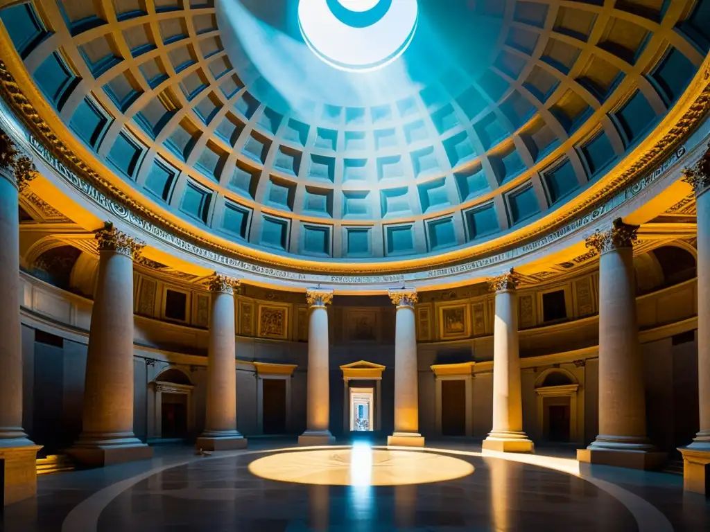 Interior del Panteón romano con juego de luces y sombras, destacando los principios de construcción en arquitectura romana