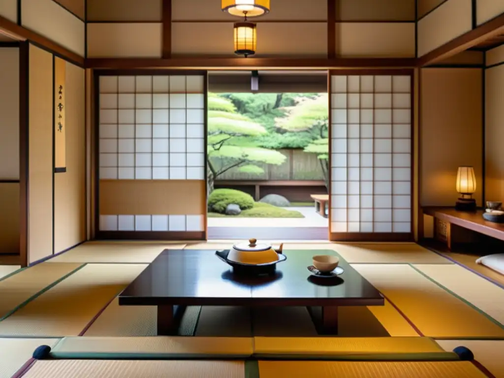 Ryokan japonés: serenidad y tradición Interior sereno de ryokan tradicional japonés con tatamis, mesa baja, y shoji, evocando la arquitectura de ryokan tradicionales japoneses