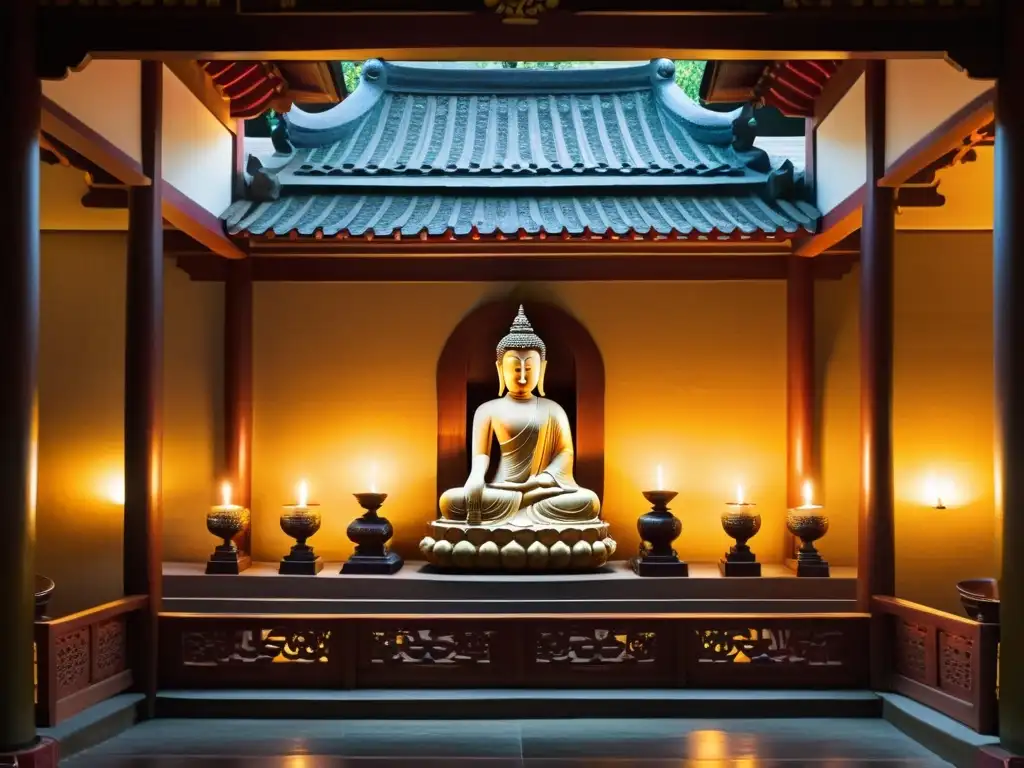 Interior de un templo budista en Asia Oriental, con tallados en madera, decoraciones ornamentadas y estatuas serenas del Buda