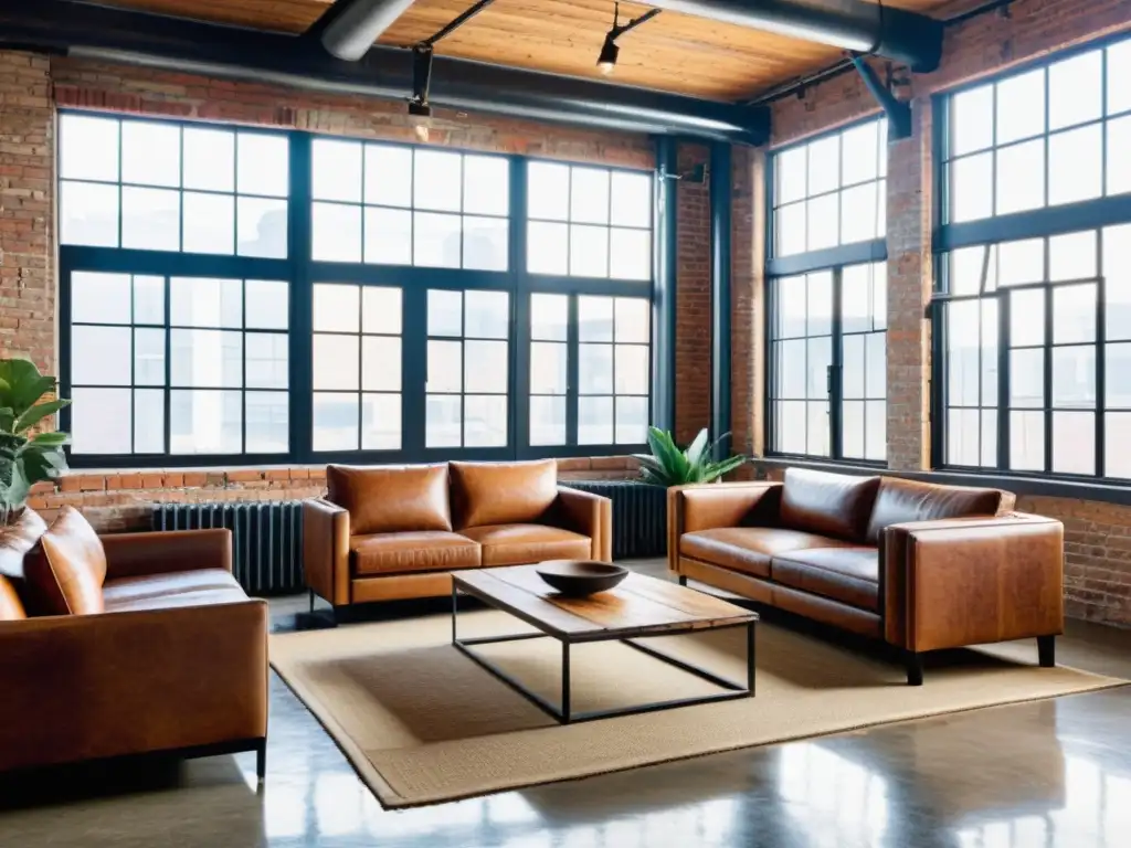 Loft con decoración de interiores estilo revolución industrial modernidad, con muebles vintage y paredes de ladrillo expuesto