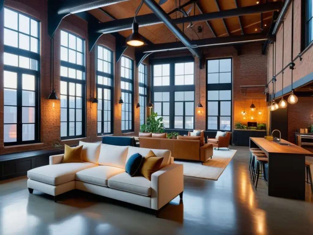Loft histórico restaurado: Belleza atemporal en 8k Diseño de interiores en lofts históricos: Amplio loft restaurado con mobiliario vintage, ladrillo a la vista y cálida iluminación