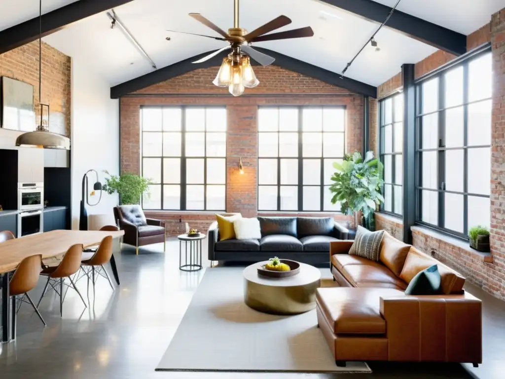 Loft vintage con encanto y sofisticación Diseño de interiores en lofts históricos: Amplio loft vintage con ladrillos a la vista, muebles elegantes y luz natural