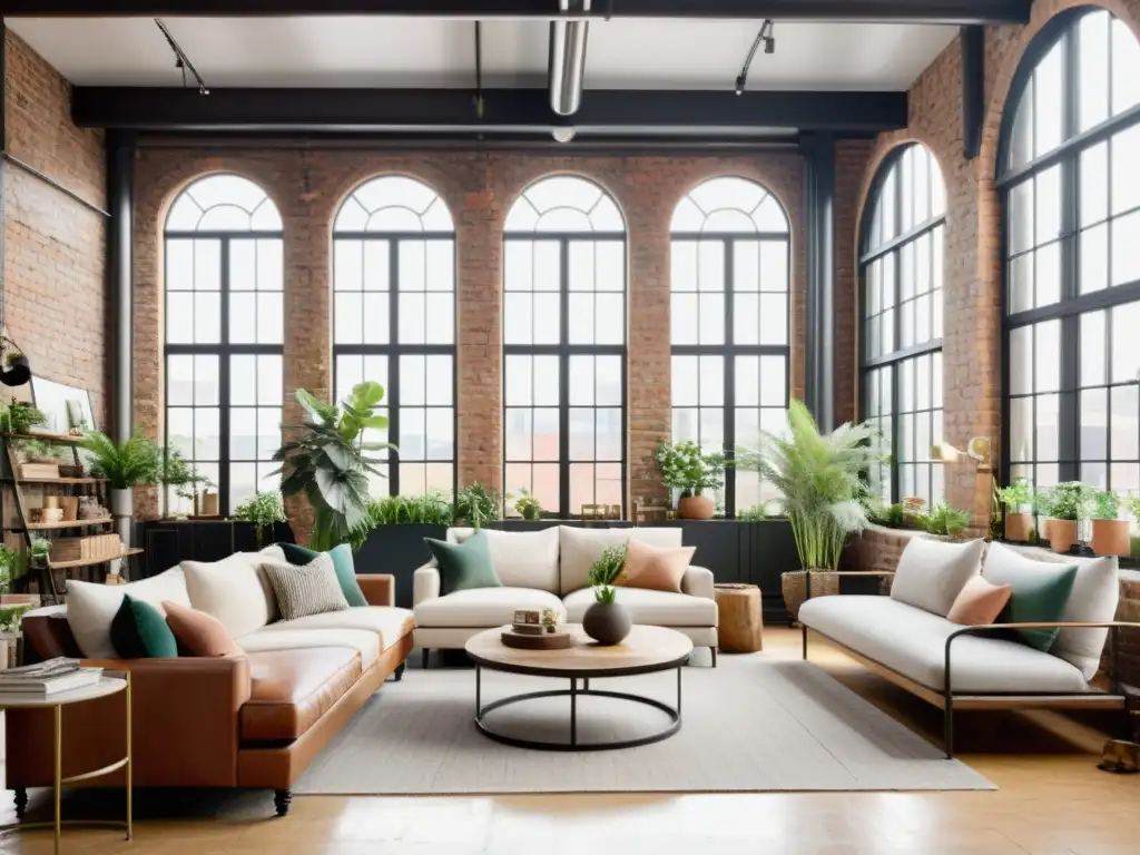 Loft vintage con paredes de ladrillo y muebles modernos y antiguos Diseño de interiores en lofts históricos: Espacio vintage con ladrillos expuestos, altos techos, ventanas industriales y muebles modernos y antiguos