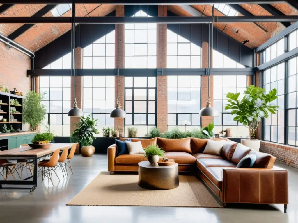 Loft vintage con encanto y luz natural Diseño de interiores en lofts históricos: Un espacio vintage con ladrillos a la vista, muebles modernos y antiguos, luz natural y plantas verdes
