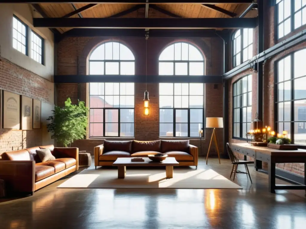 Loft vintage con encanto histórico Diseño de interiores en lofts históricos: Loft vintage con paredes de ladrillo expuesto, grandes ventanales industriales y muebles antiguos