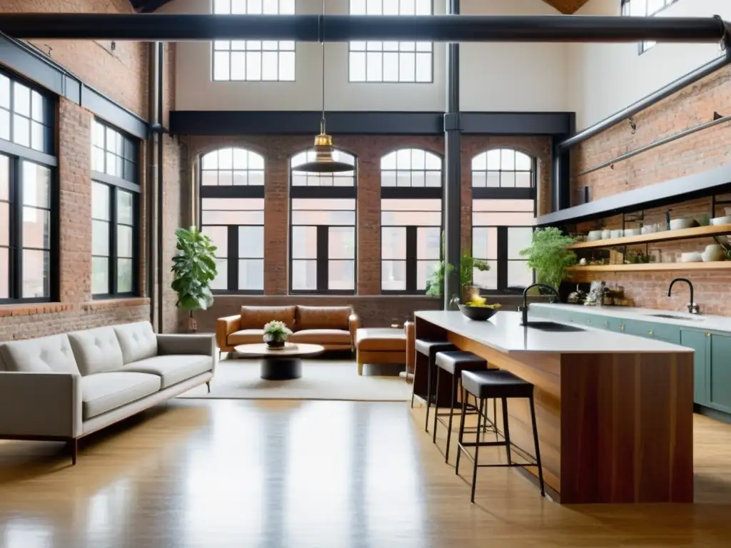 Loft vintage con encanto urbano y elegancia atemporal Diseño de interiores en lofts históricos: Renovado loft con ladrillos a la vista, ventanas industriales y muebles de mediados de siglo