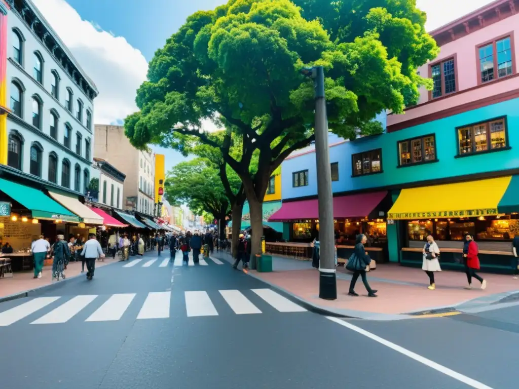 Una intersección urbana vibrante llena de diversidad, arte callejero y accesibilidad