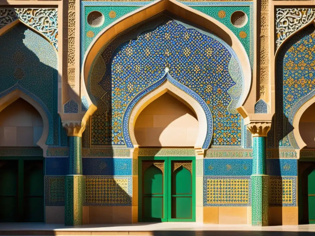 Intrincados detalles arquitectónicos de una mezquita persa, con mosaicos coloridos, patrones geométricos y minaretes imponentes