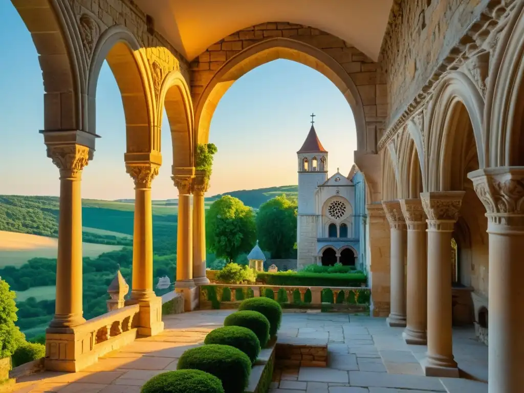 Los intrincados detalles de un monasterio románico en la cálida luz del atardecer, rodeado de vegetación exuberante