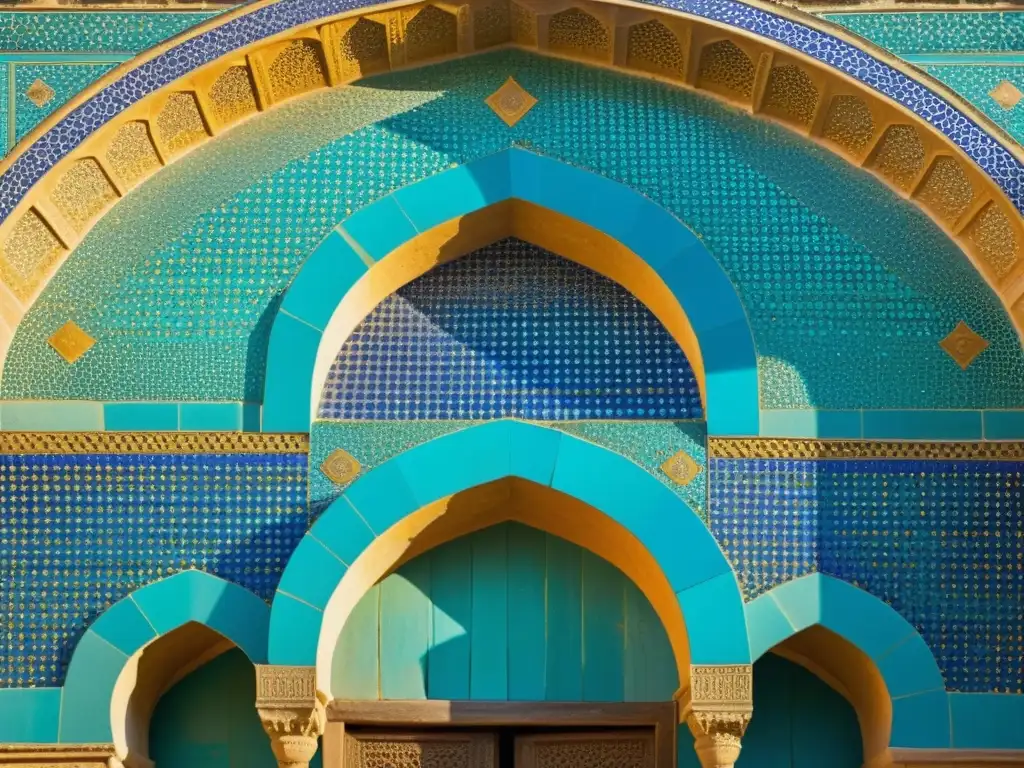 Una fotografía de alta resolución de los intrincados patrones de mosaico en una antigua caravanserai de la Ruta de la Seda, con tonos de turquesa, cobalto y oro bajo la cálida luz del atardecer