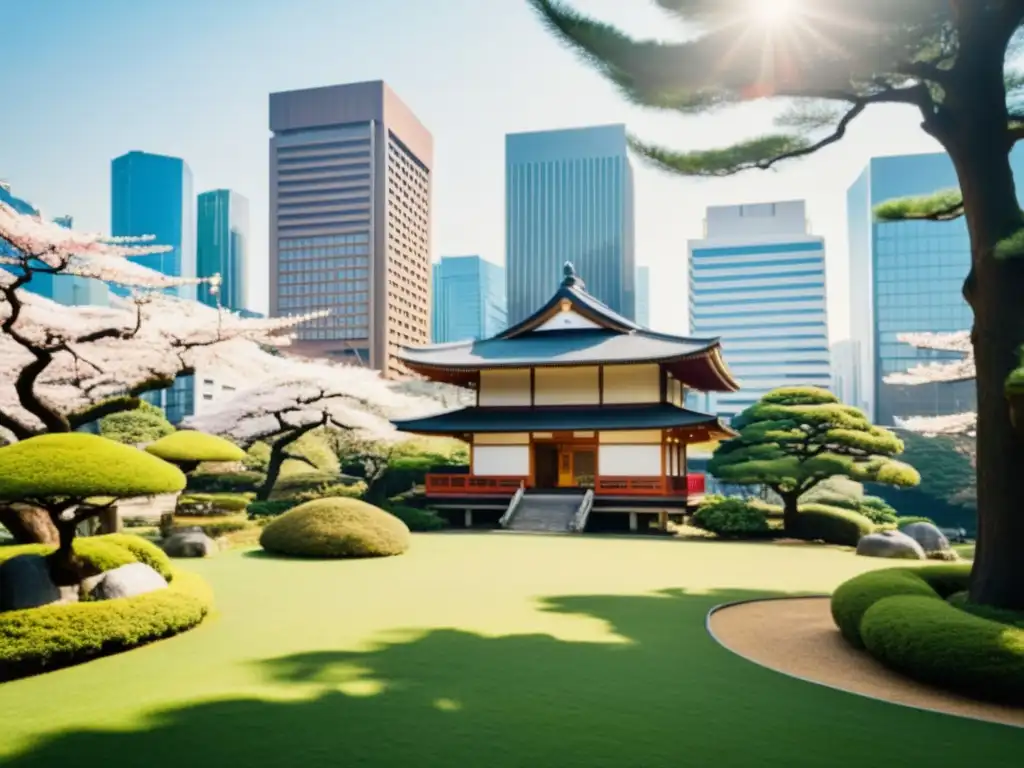 Jardín japonés con arquitectura tradicional y moderna en Tokio