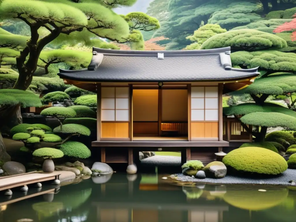 Un jardín japonés con una casa de té tradicional, arquitectura y naturaleza en perfecta armonía