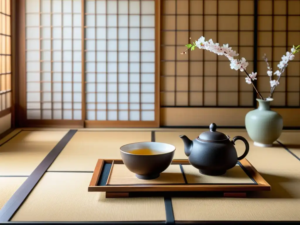 Un té japonés en un entorno zen de decoración occidental, con delicadas ramas de cerezo y luz matutina suave