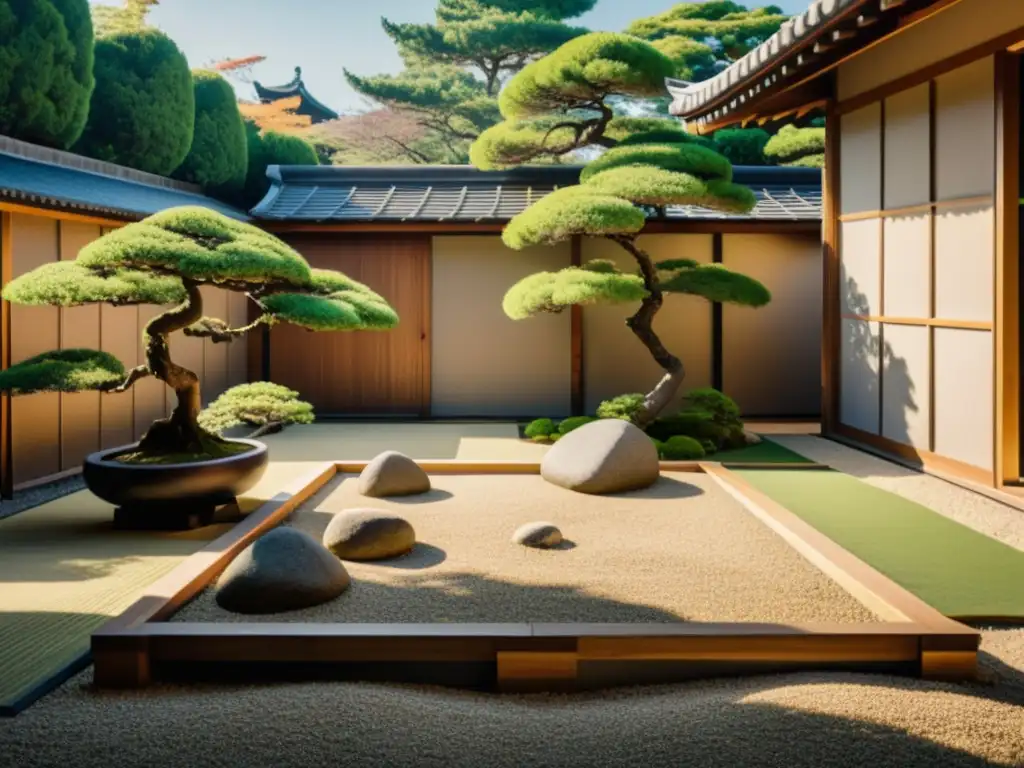 Una fotografía vintage de un jardín zen japonés, con rocas, árboles bonsái y arquitectura minimalista japonesa zen