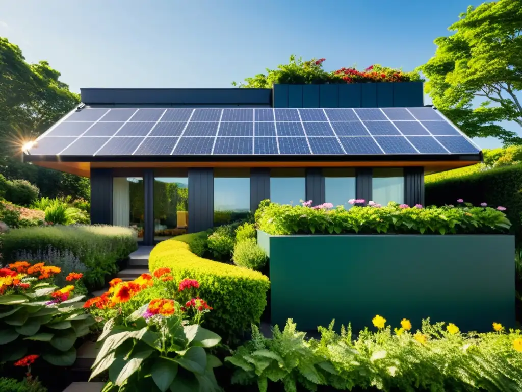 Un jardín de tejado exuberante y sostenible, con flores vibrantes y paneles solares