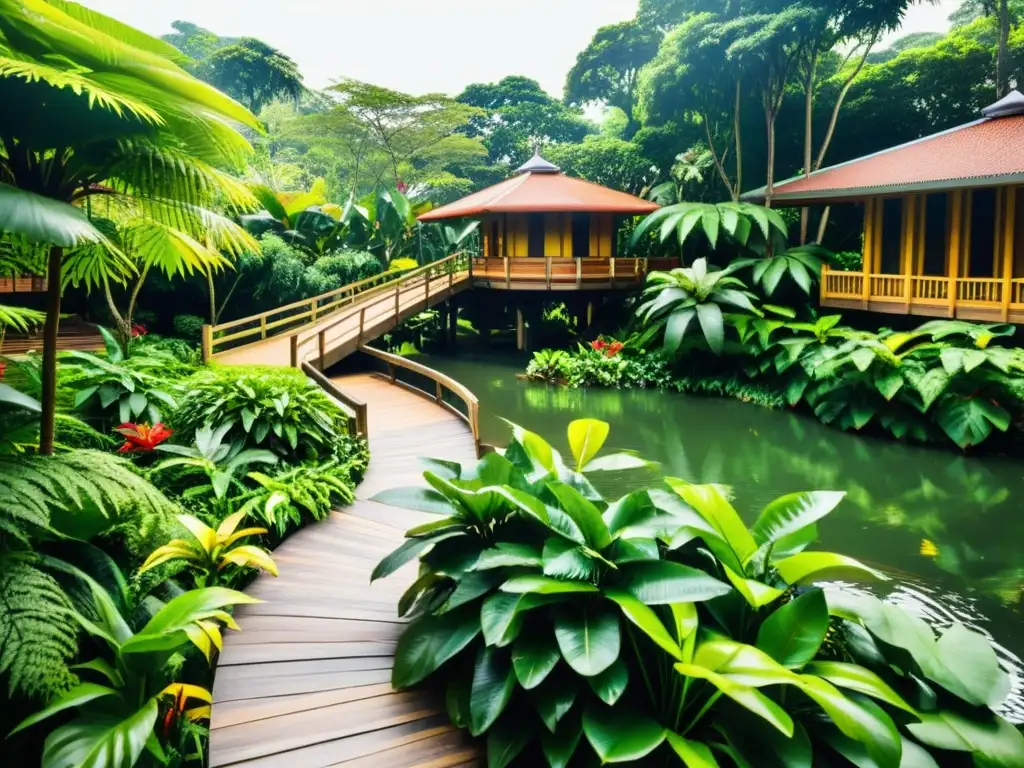 Jardines exuberantes del Centro Educación Ambiental Singapur, con plantas tropicales, estanque sereno y estructuras tradicionales entre la vegetación