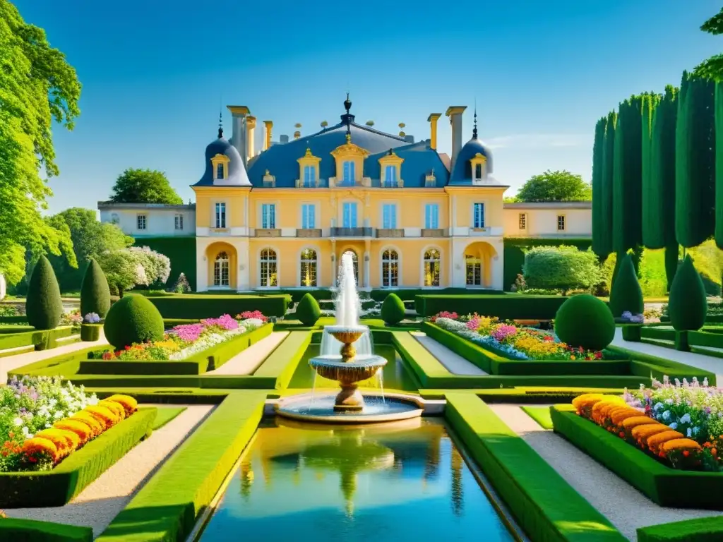 Jardines del Renacimiento francés Chambord Fontainebleau: Hermoso jardín con flores vibrantes, fuente central y majestuoso castillo al fondo