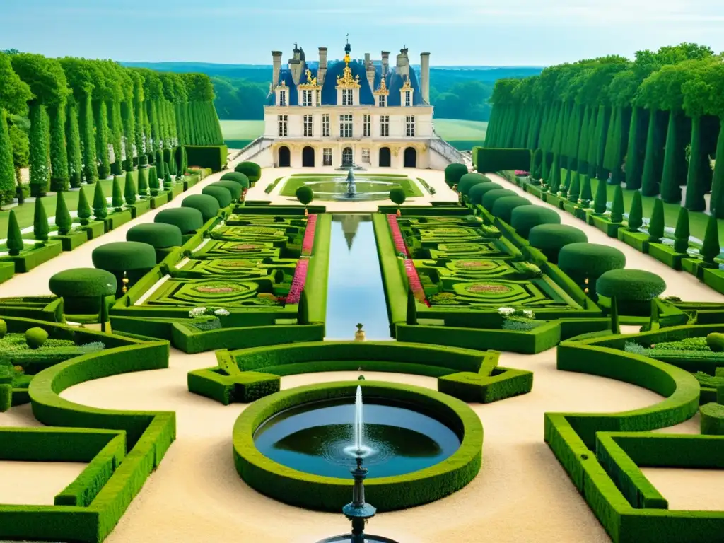 Jardines del Renacimiento francés Chambord Fontainebleau: Opulencia, esculturas, caminos arqueados y jardines simétricos bañados por la luz del sol