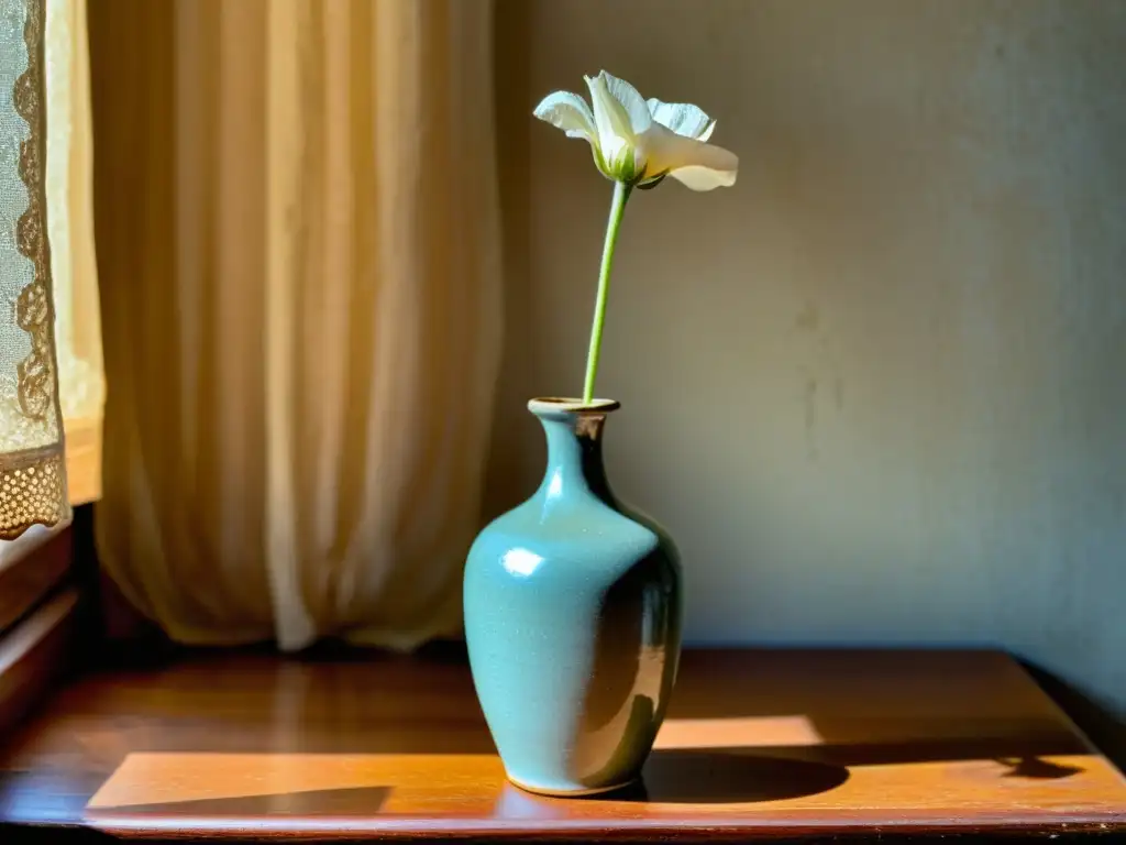 Un jarrón de cerámica desgastado con una sola flor seca, sobre mesa de madera