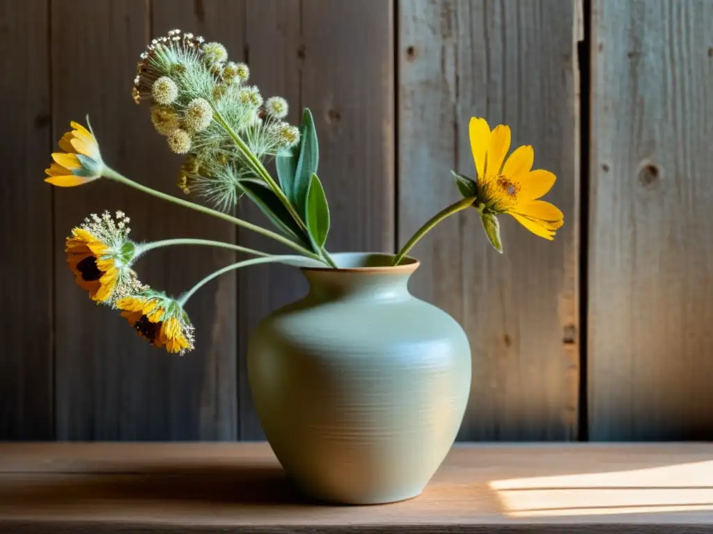 Un jarrón de cerámica envejecido con grietas, relleno de flores secas en tonos tierra, descansa sobre una mesa de madera desgastada